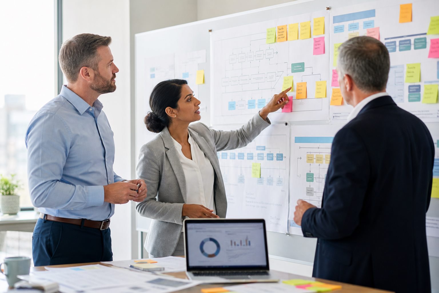 Finance consultants reviewing process maps in a bright office