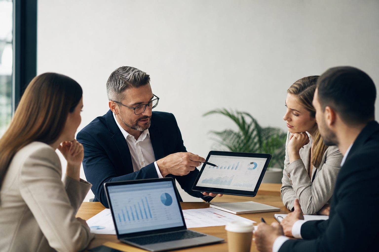 Finance advisor reviewing forecasts with a leadership team